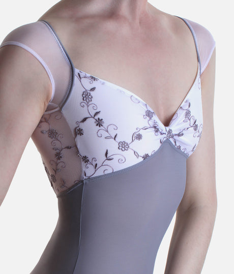 Cap Sleeve Leotard, Premium V-Neck with Floral Embroidered Mesh - VENERE CL