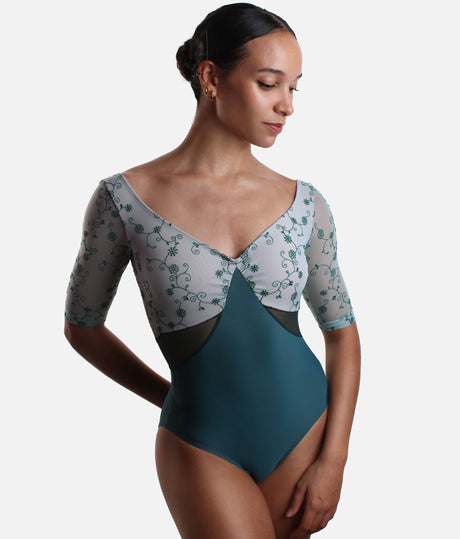Three-quarter Sleeves Dance Leotard with Tulle Inserts - VESTA DI PAVONE