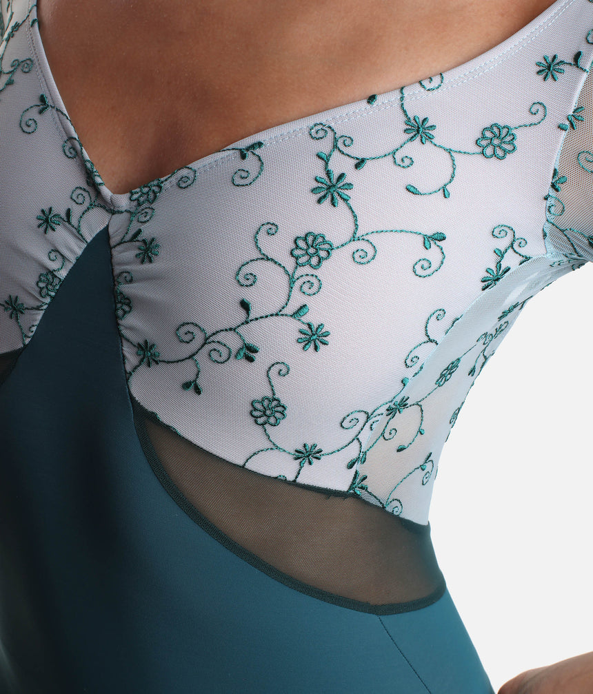 Three-quarter Sleeves Dance Leotard with Tulle Inserts - VESTA DI PAVONE