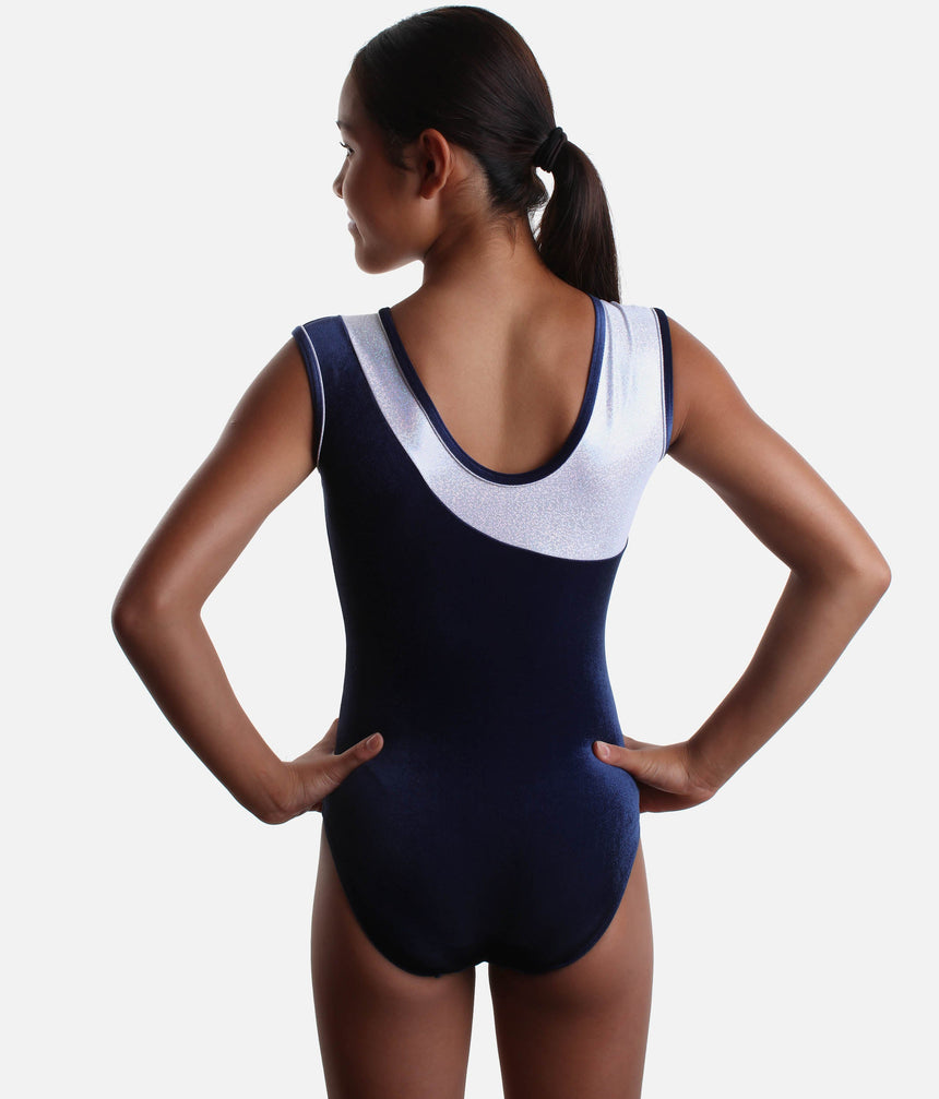 Girls Velvet Gymnastics Leotard with Silver Leaf Design - Z310 (NAVY)