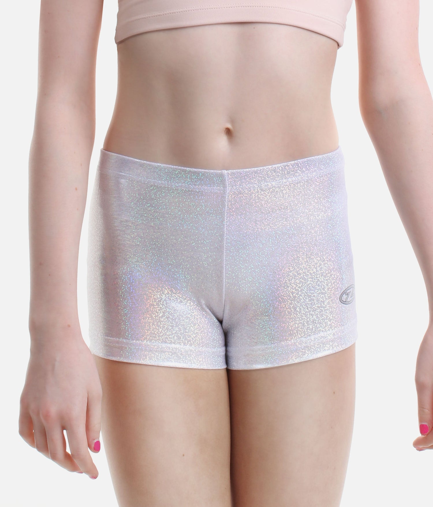 Girl's Silver Gymnastics Shorts, Metallic Lycra - Z2000