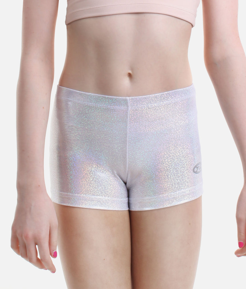 Girl's Silver Gymnastics Shorts, Metallic Lycra - Z2000