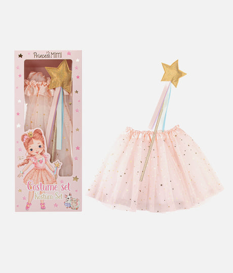 Princess costume set with pink skirt, wand, and packaging on a white background