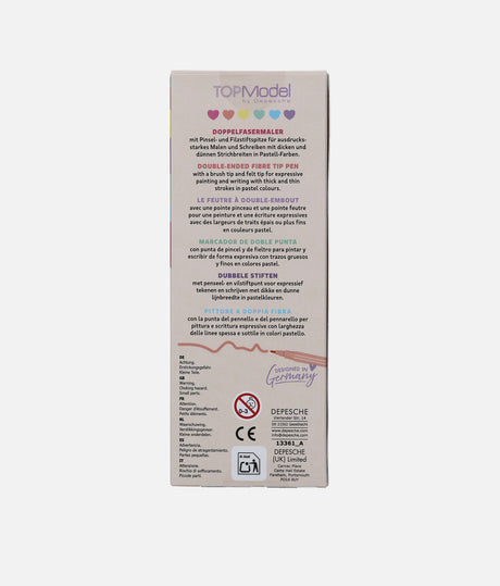 The back of a TOPModel Cosmetics double-ended lip liner tube, showing detailed product instructions and ingredients in multiple languages, set against a plain white background.