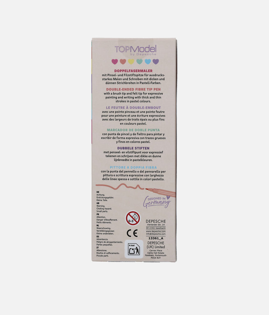 The back of a TOPModel Cosmetics double-ended lip liner tube, showing detailed product instructions and ingredients in multiple languages, set against a plain white background.
