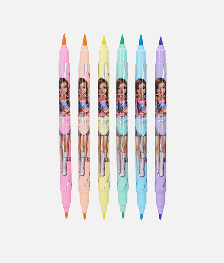 Six dual-tip gel pens in pastel colors, each featuring a printed illustration of a girl in a colorful outfit on the barrel, arranged vertically on a light gray background.