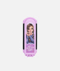 Closed lilac TOPModel folding hairbrush with a brunette model portrait and “Have a good hair day” message