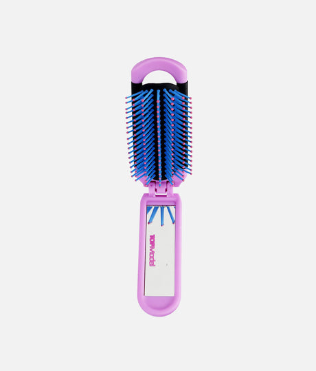 Closed lilac TOPModel folding hairbrush with a brunette model portrait and “Have a good hair day” message