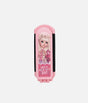 A pink folding hair clip with a cartoon doll illustration on the front and the text 'HAVE A GOOD HAIR DAY' printed below, shown against a plain light gray background.