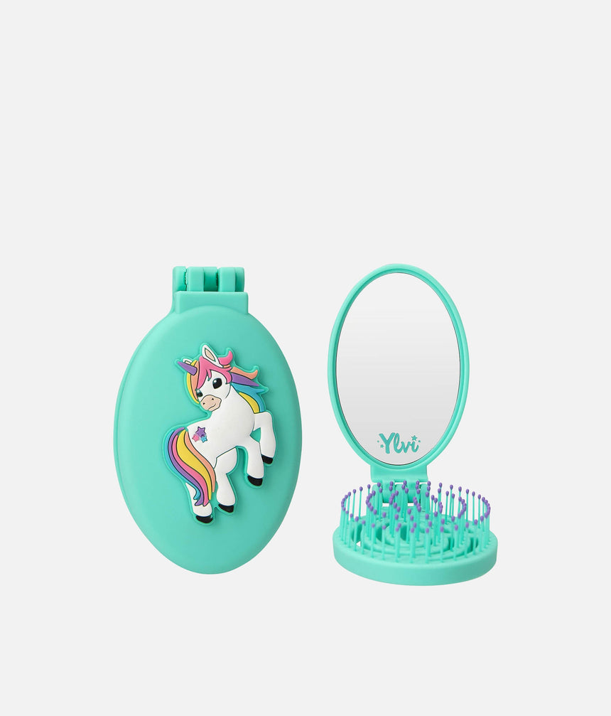 Ylvi Unicorn Hair Brush with Mirror, Foldable, Compact & Adorable - 0013565