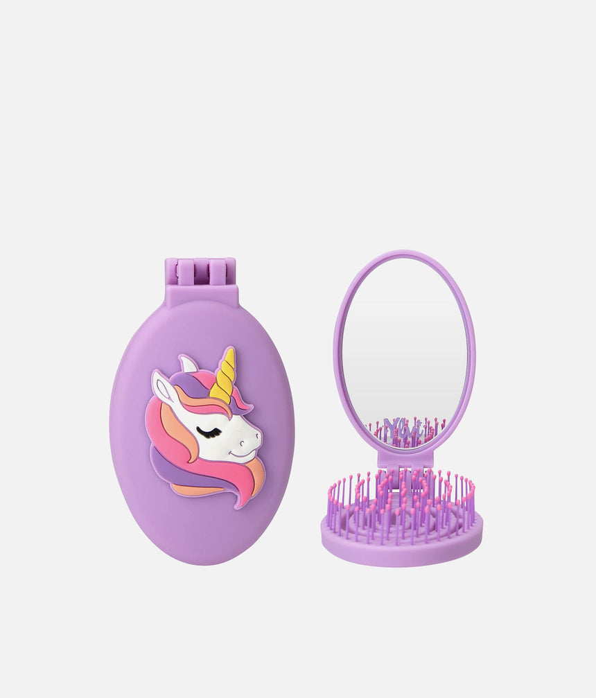 Ylvi Unicorn Hair Brush with Mirror, Foldable, Compact & Adorable - 0013565