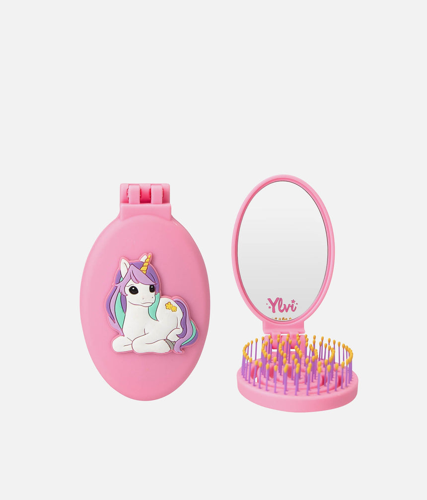 Ylvi Unicorn Hair Brush with Mirror, Foldable, Compact & Adorable - 0013565