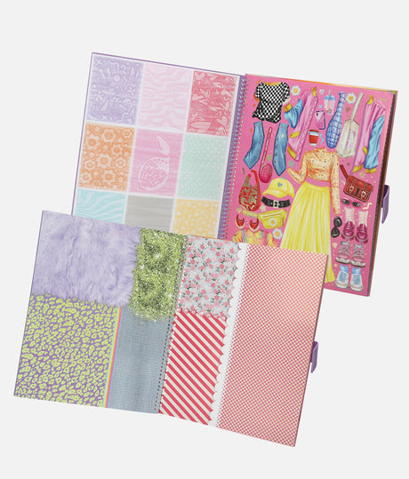 Colorful patchwork fabric swatches with a toy dress-up set on a white background