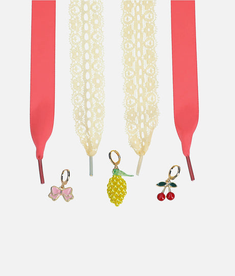 TOPModel coral-red satin and pale yellow lace shoelaces with pineapple, cherry and pink bow clip-on charms