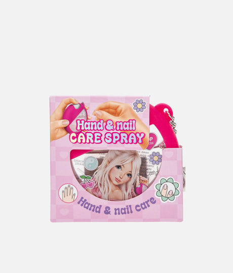 TOPModel cherry-scented hand and nail care spray in pink packaging with Candy artwork and a heart-shaped bag clip