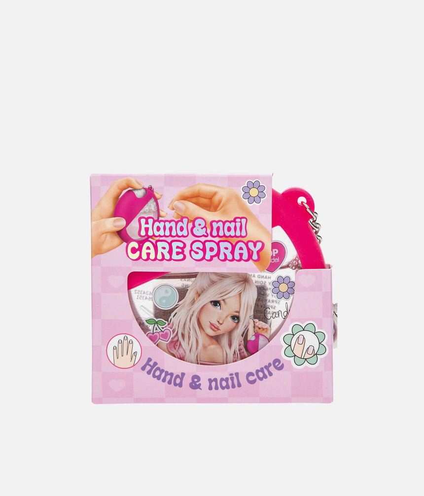 TOPModel cherry-scented hand and nail care spray in pink packaging with Candy artwork and a heart-shaped bag clip