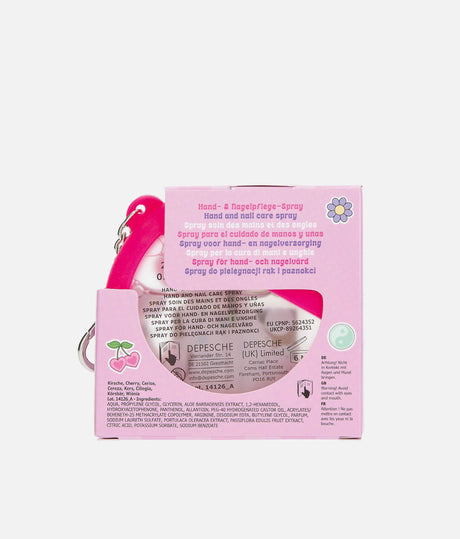 Back of TOPModel GLOW TO GO hand and nail care spray packaging showing the cherry scent, ingredients and warning
