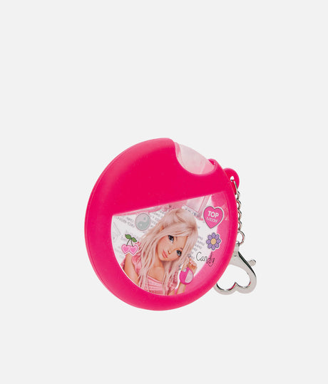 TOPModel GLOW TO GO hand and nail care spray with pink silicone sleeve, Candy artwork and heart-shaped clip