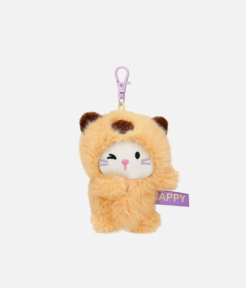 PENfection Tiny Crew Happy kitten bag charm wearing a brown capybara jumpsuit with a lilac clip