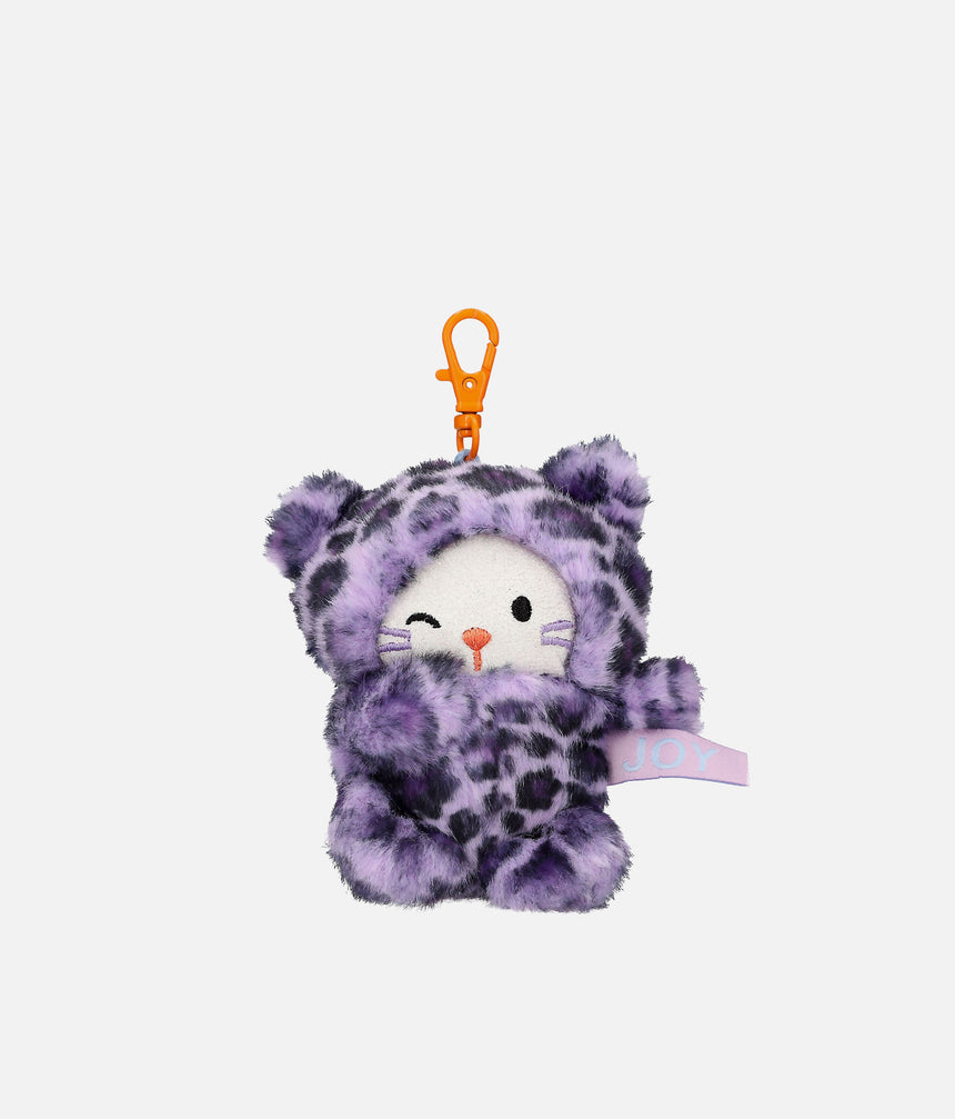 PENfection Tiny Crew Joy kitten bag charm wearing a purple leopard jumpsuit with an orange clip