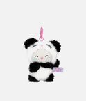 PENfection Tiny Crew Lazy kitten bag charm wearing a black-and-white panda jumpsuit with a pink clip
