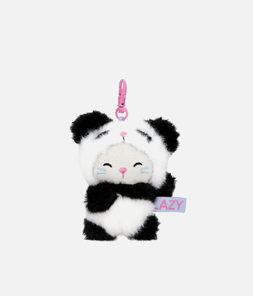 PENfection Tiny Crew Lazy kitten bag charm wearing a black-and-white panda jumpsuit with a pink clip