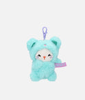 PENfection Tiny Crew Lucky kitten bag charm wearing a turquoise bear jumpsuit with a purple clip