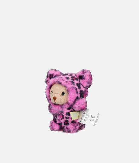 A small plush teddy bear wearing a fuzzy pink and black leopard-print hooded outfit, centered on a plain light gray background. A small hangtag is attached near the bottom right.