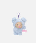 PENfection Tiny Crew Happy dog bag charm wearing a blue dog jumpsuit with a purple clip