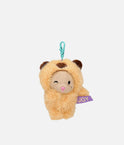 PENfection Tiny Crew Joy dog bag charm wearing a brown capybara jumpsuit with a turquoise clip