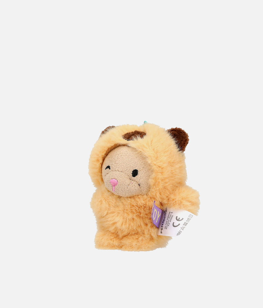 A small plush lion toy with a tan body, brown ears, and a pink stitched nose, shown against a plain light gray background. A small product tag is attached to the side.