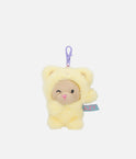 PENfection Tiny Crew Lazy dog bag charm wearing a yellow bear jumpsuit with a purple clip
