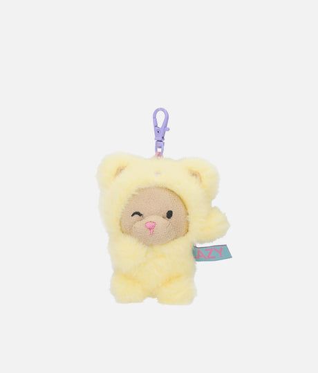 PENfection Tiny Crew Lazy dog bag charm wearing a yellow bear jumpsuit with a purple clip