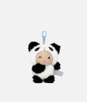 PENfection Tiny Crew Power dog bag charm wearing a black-and-white panda jumpsuit with a blue clip