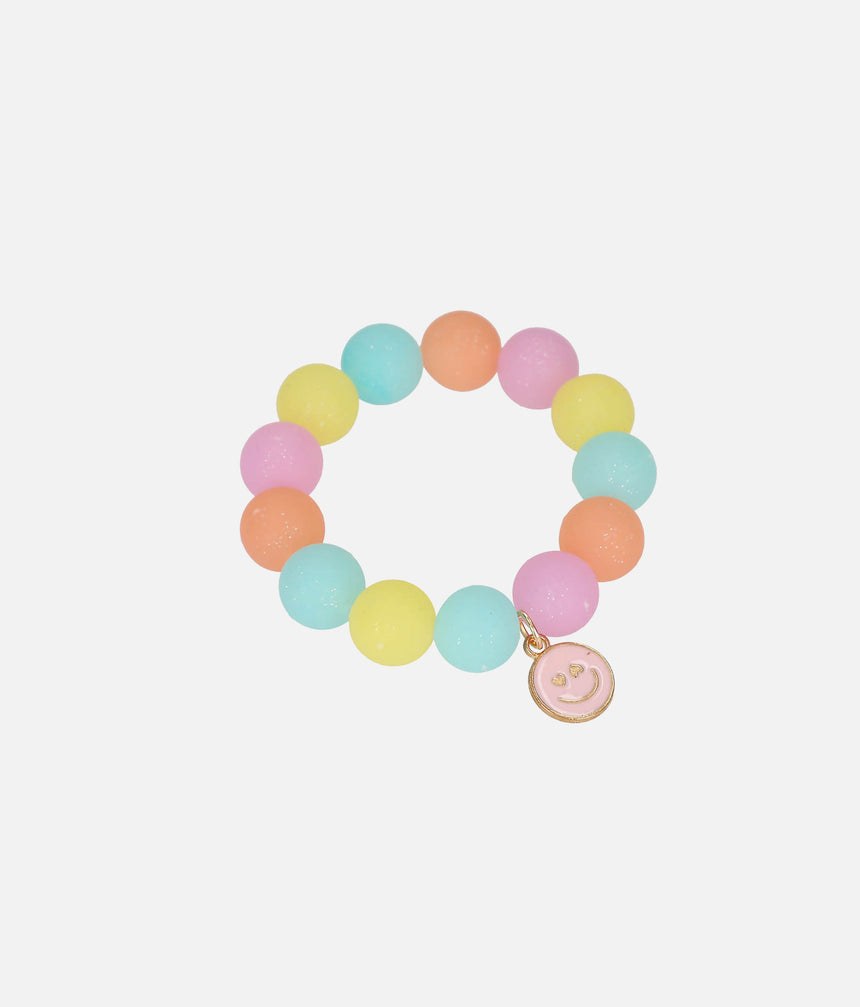 TOPModel eraser bracelet with aqua, yellow, peach and pink beads and a happy-face charm