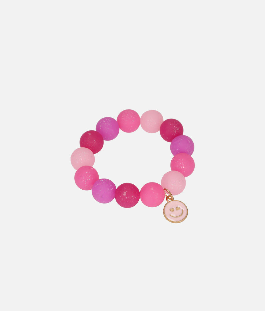 TOPModel eraser bracelet with pale pink, bright pink, berry and purple beads and a smiley charm