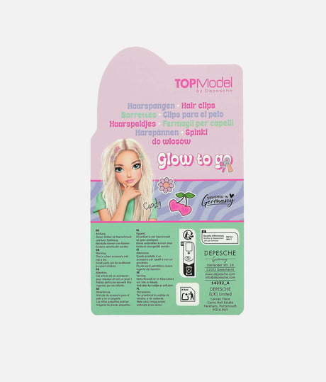 Back of TOPModel GLOW TO GO mini flower hair clips card with Candy artwork and hair accessory warning
