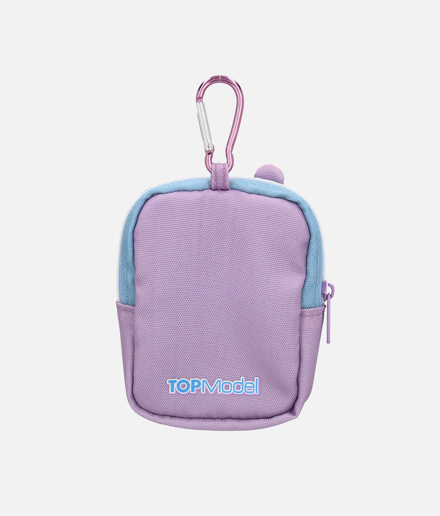 Back of the lilac TOPModel MODERN GIRLY mini bag showing the TOPModel logo, pale blue zip trim and pink carabiner