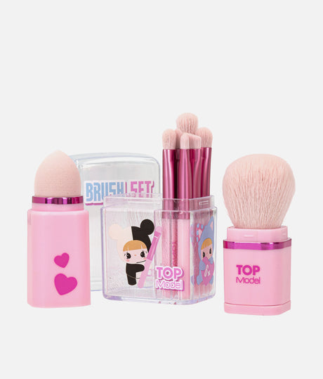Open TOPModel KPOP brush set showing pink brushes, blending sponge and clear storage box