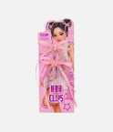 Two pink TOPModel KPOP ribbon bow hair clips with clear faceted bead strands and long tails on a Yena presentation card
