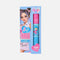 TOP Model 2 in 1 Hair Mascara shown in its light blue packaging box with a cartoon illustration of a girl with pink hair, next to the open tube containing pink and blue mascaras.