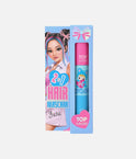 TOP Model 2 in 1 Hair Mascara shown in its light blue packaging box with a cartoon illustration of a girl with pink hair, next to the open tube containing pink and blue mascaras.