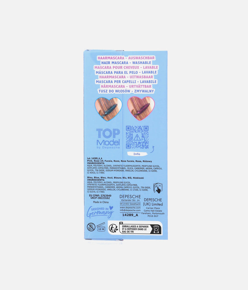 The back of a light blue product box for TOP Model by D'Orpheus hair wash, featuring product details, ingredients, and a QR code on a light gray background.