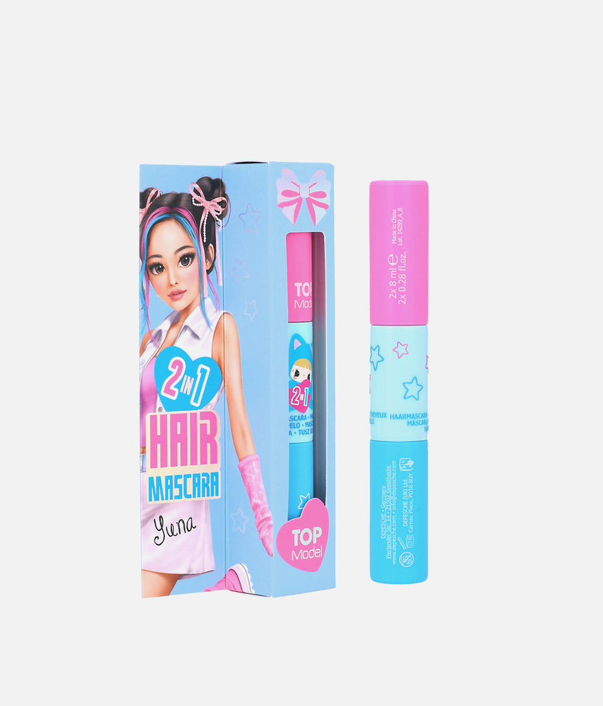 A 2-in-1 hair mascara set featuring a light blue and pink box with an illustrated character, next to the corresponding mascara tube with a pink cap and light blue body.