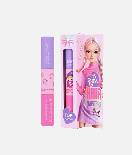 TOPModel KPOP purple and pink 2-in-1 hair mascara in pink Jill packaging, showing the front and back of the box