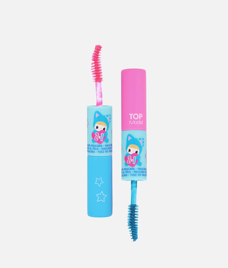 A pair of children's mascara wands by TOP Mode, featuring a light blue and pink design with a cartoon character. One wand is uncapped, showing a pink bristle tip, and the other is capped, showing a blue bristle tip.
