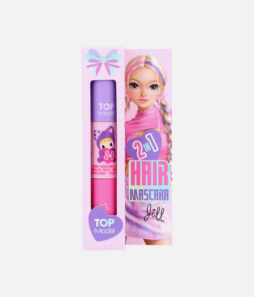 A pink and purple 2-in-1 hair mascara set by TOP Model, shown in its original retail packaging featuring a doll illustration.
