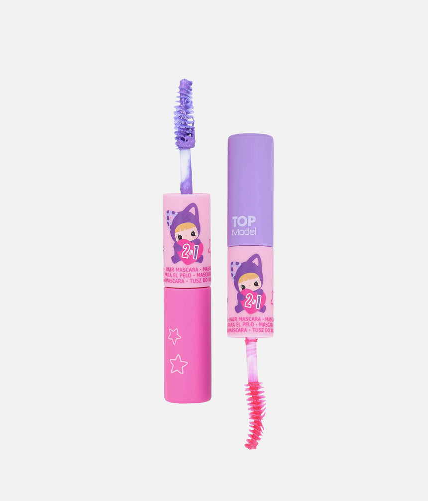 A pink and purple 2-in-1 mascara wand shown in two views on a light gray background. One view shows the mascara applied to the brush with a cartoon character label, and the other shows the uncapped wand with the brush exposed.