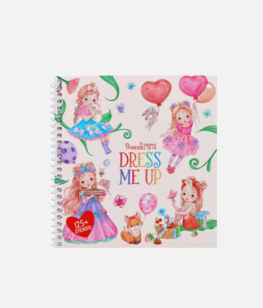 Princess Mimi Dress Me Up spiral sticker book cover with princess outfits, animal friends and a 125+ stickers badge