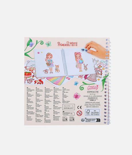 Back cover of Princess Mimi Dress Me Up Sticker Book showing a sticker activity example and product information